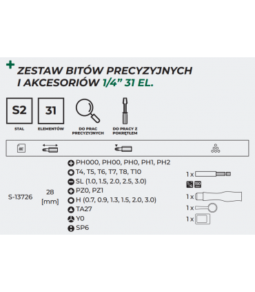 ZESTAW BITÓW PRECYZ. ZE STALI S2 + AKCESORIA 31el.
