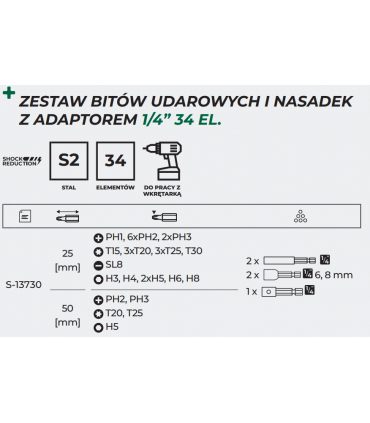 ZESTAW BITÓW UDAR. ZE STALI S2 + AKCESORIA 34eL