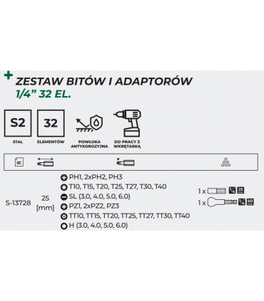 ZESTAW BITÓW ZE STALI S2 + ADAPTORY 32el.